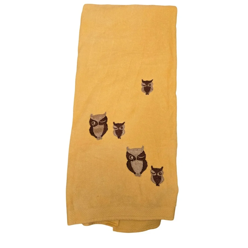 Vintage Yellow Embroidered Owl Towel Set Bath Hand Towel Martex   USA Retro